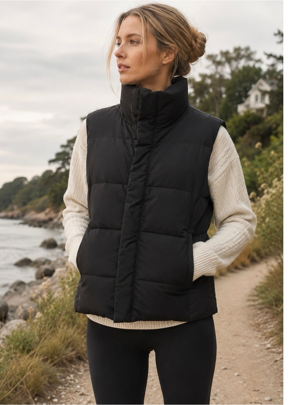 Women's True Black Quilting Down Feather Puffer Vest High Funnel Neck Collar XS